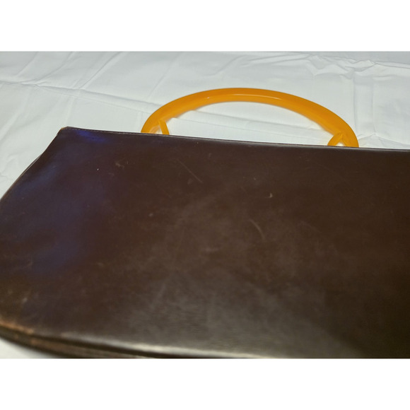 Vintage Brown Handbag Purse — Amber Bakelite-Style Handle Classic Mid-Century - Picture 3 of 3